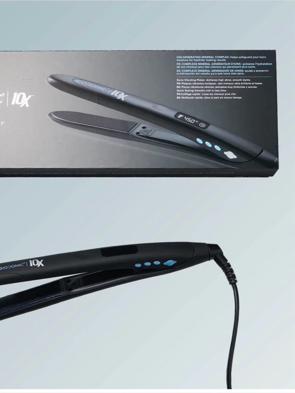 Bio Ionic 10X Ceramic Flat Iron - Black with Blue Buttons
